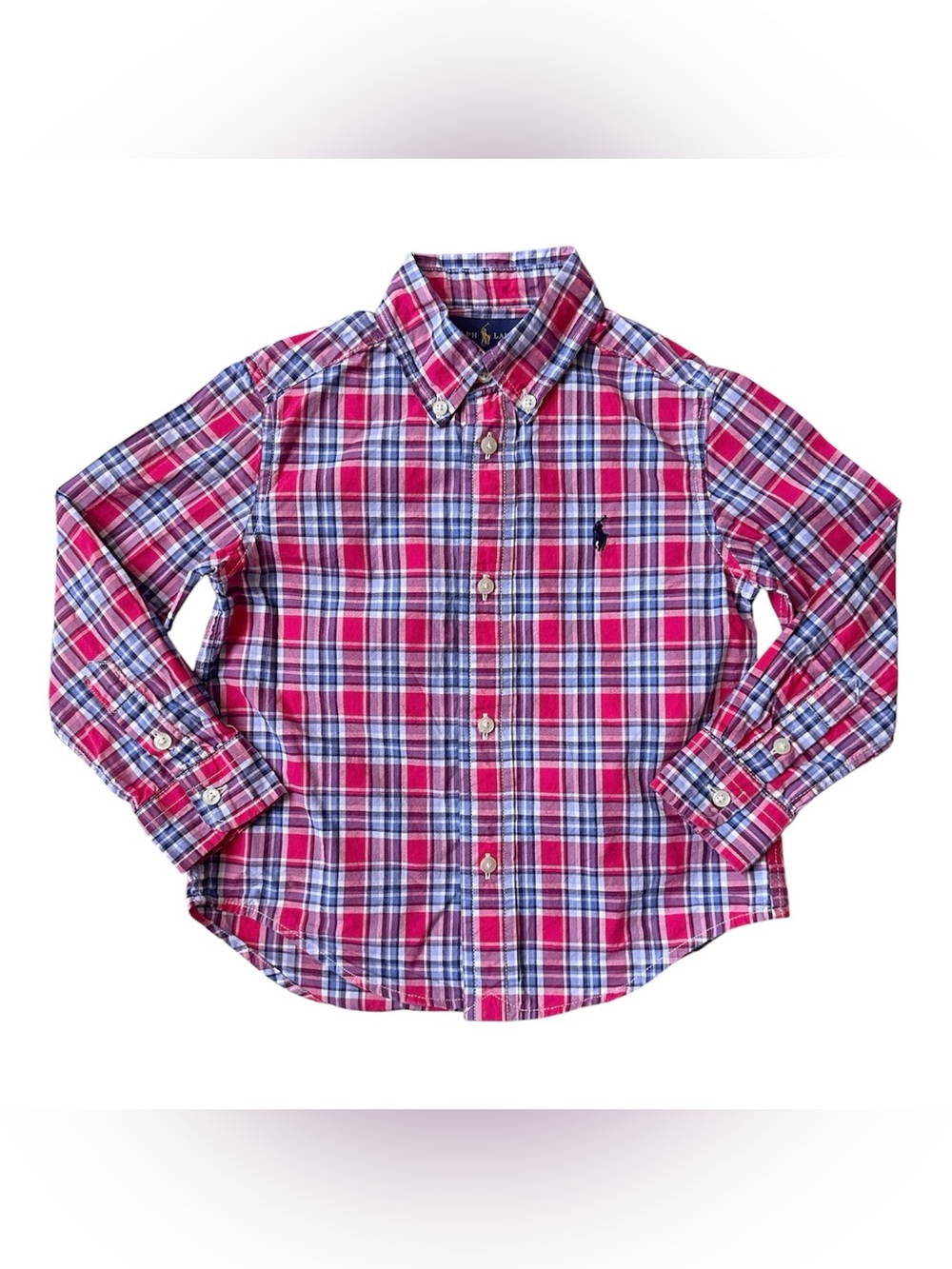 Ralph Lauren Boys 3T Plaid Button Down Shirt Red Blue White Long Sleeve